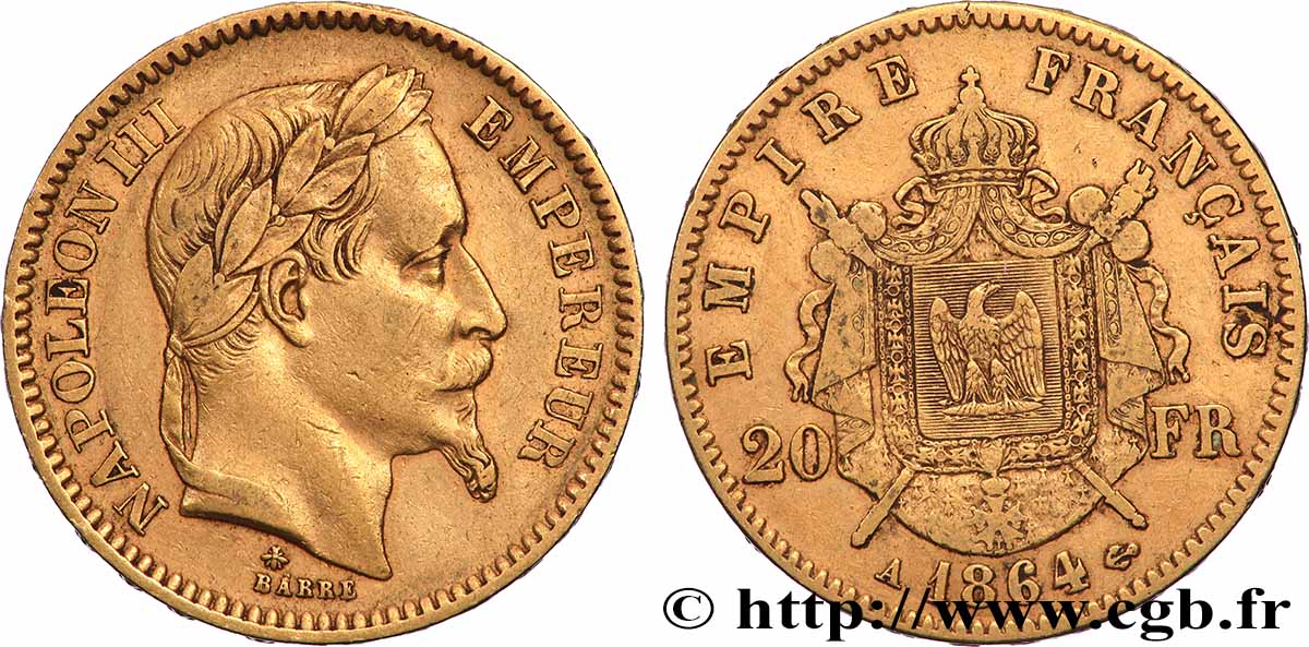 20 francs or Napoléon III, tête laurée 1864 Paris F.532/8 TTB
