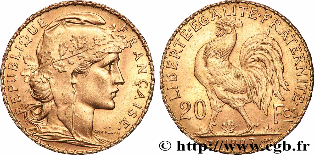 20 francs or Coq, Liberté Égalité Fraternité 1907 Paris F.535/1 MS