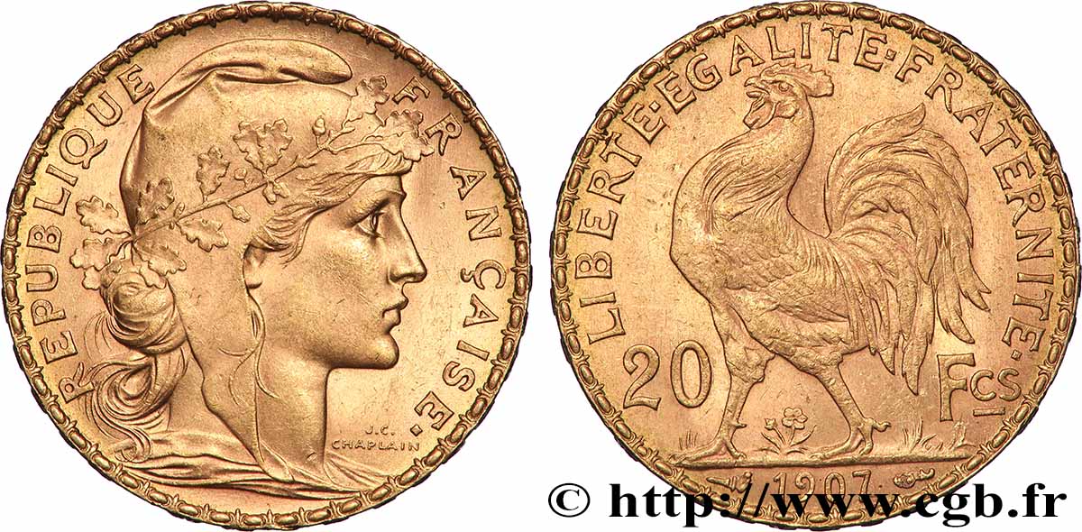 20 francs or Coq, Liberté Égalité Fraternité 1907 Paris F.535/1 EBC+