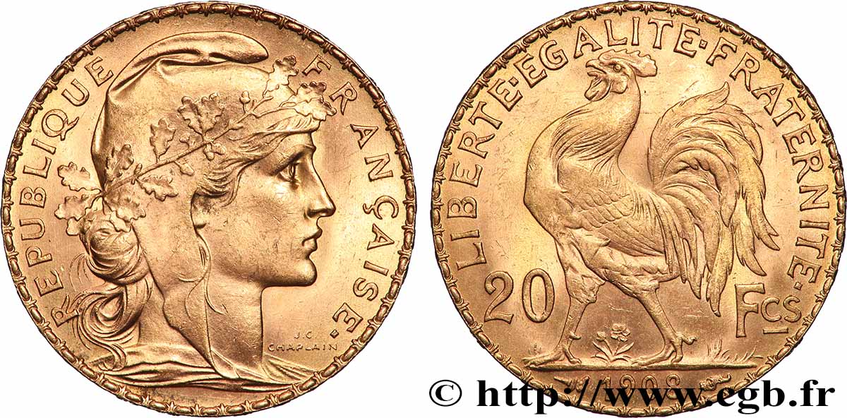 20 francs or Coq, Liberté Égalité Fraternité 1908 Paris F.535/2 SPL