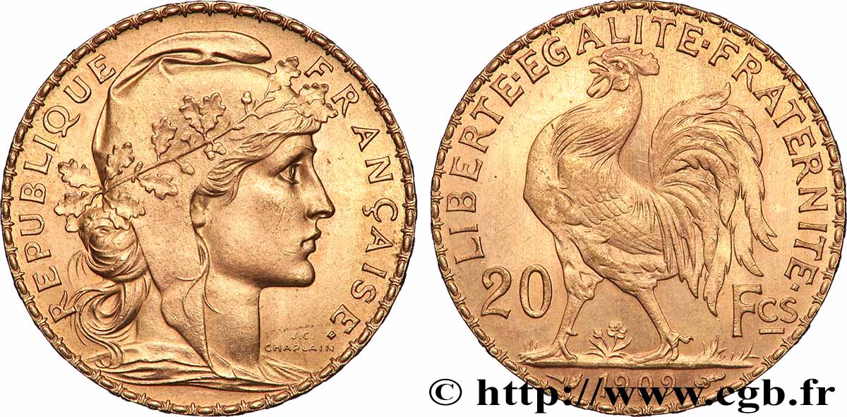 20 francs or Coq, Liberté Égalité Fraternité 1909 Paris F.535/3 SPL