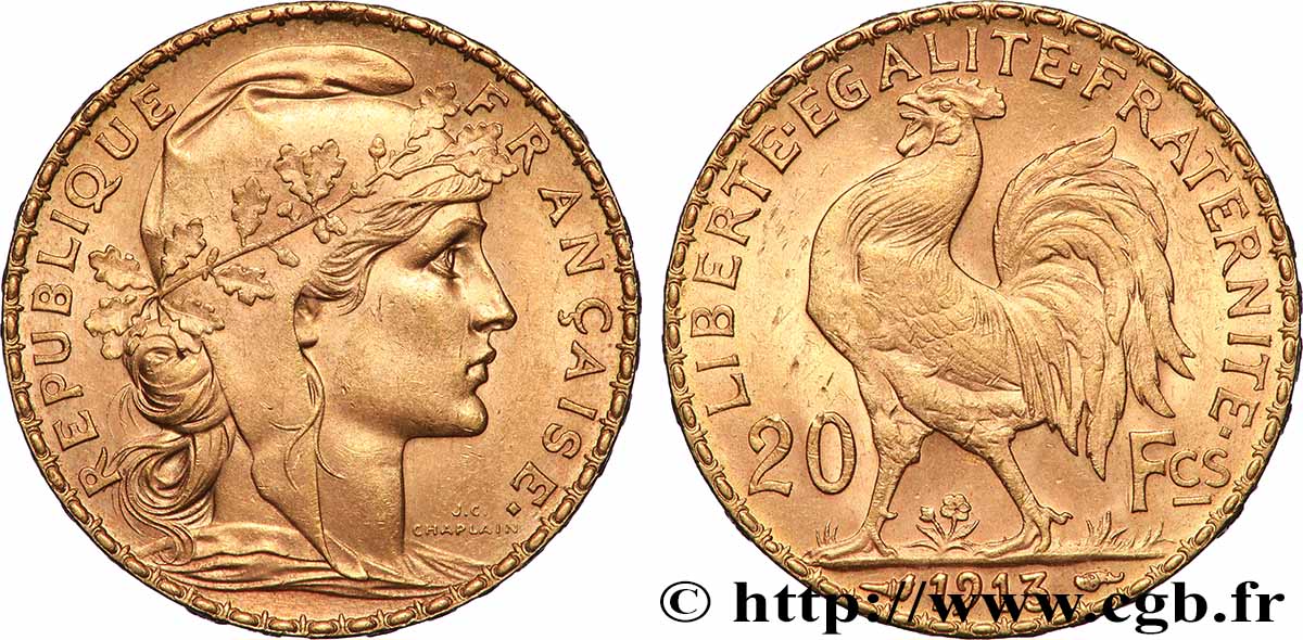 20 francs or Coq, Liberté Égalité Fraternité 1913 Paris F.535/7 MS