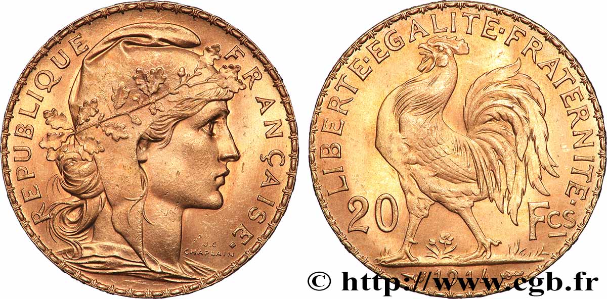 20 francs or Coq, Liberté Égalité Fraternité 1914 Paris F.535/8 SPL