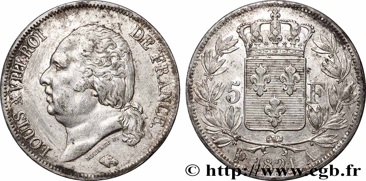 5 francs Louis XVIII, tête nue 1821 Paris F.309/60 VF