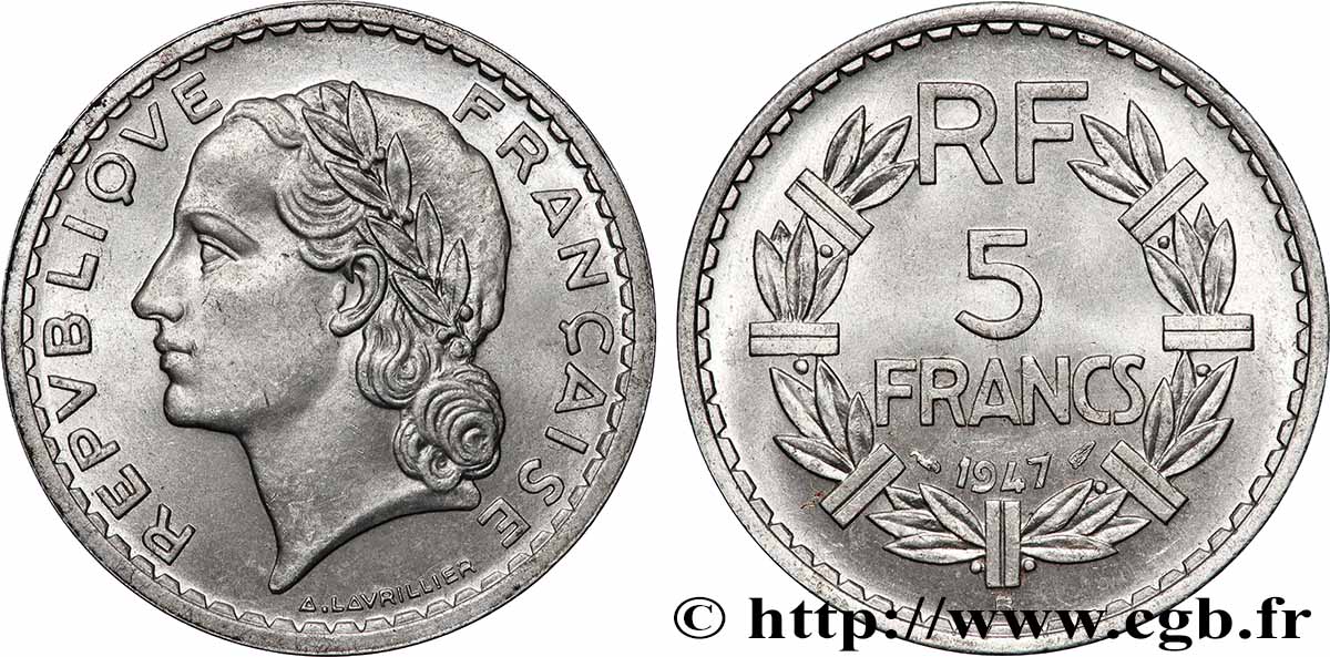 5 francs Lavrillier, aluminium 1947 Beaumont-Le-Roger F.339/11 fST64