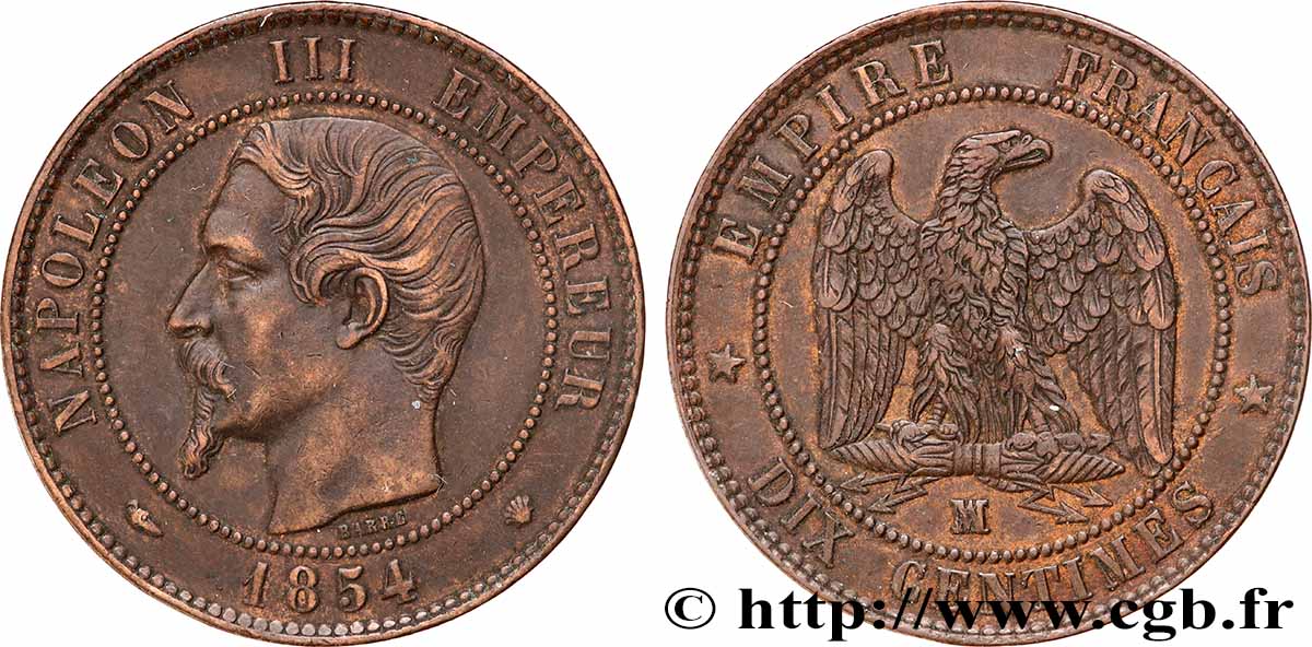 Dix centimes Napoléon III, tête nue 1854 Marseille F.133/17 SS50