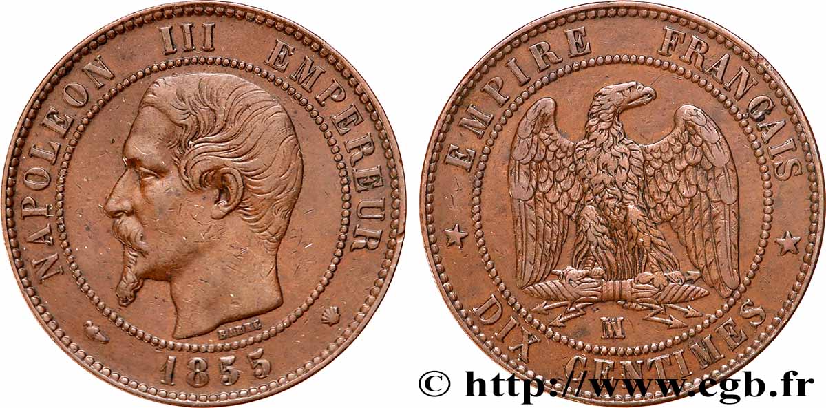 Dix centimes Napoléon III, tête nue, différent levrette 1855 Marseille F.133/30 XF