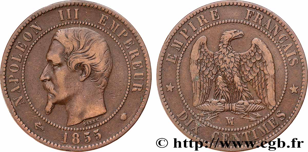 Dix centimes Napoléon III, tête nue 1855 Marseille F.133/31 VF35