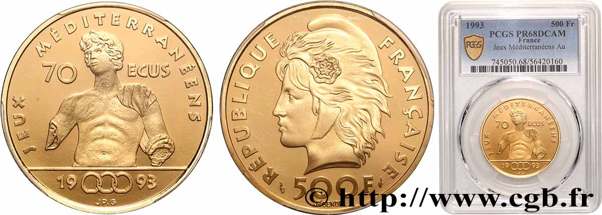 Belle Épreuve de 70 Écus / 500 francs Or - Jeux Méditerranéens - Éphèbe d’Agde 1993 Paris F5.2103 1 MS68 PCGS
