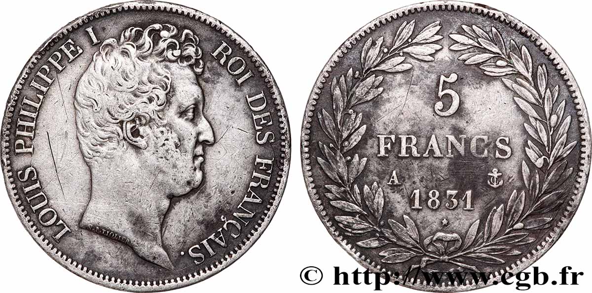 5 francs type Tiolier avec le I, tranche en creux 1831 Paris F.315/14 TB+