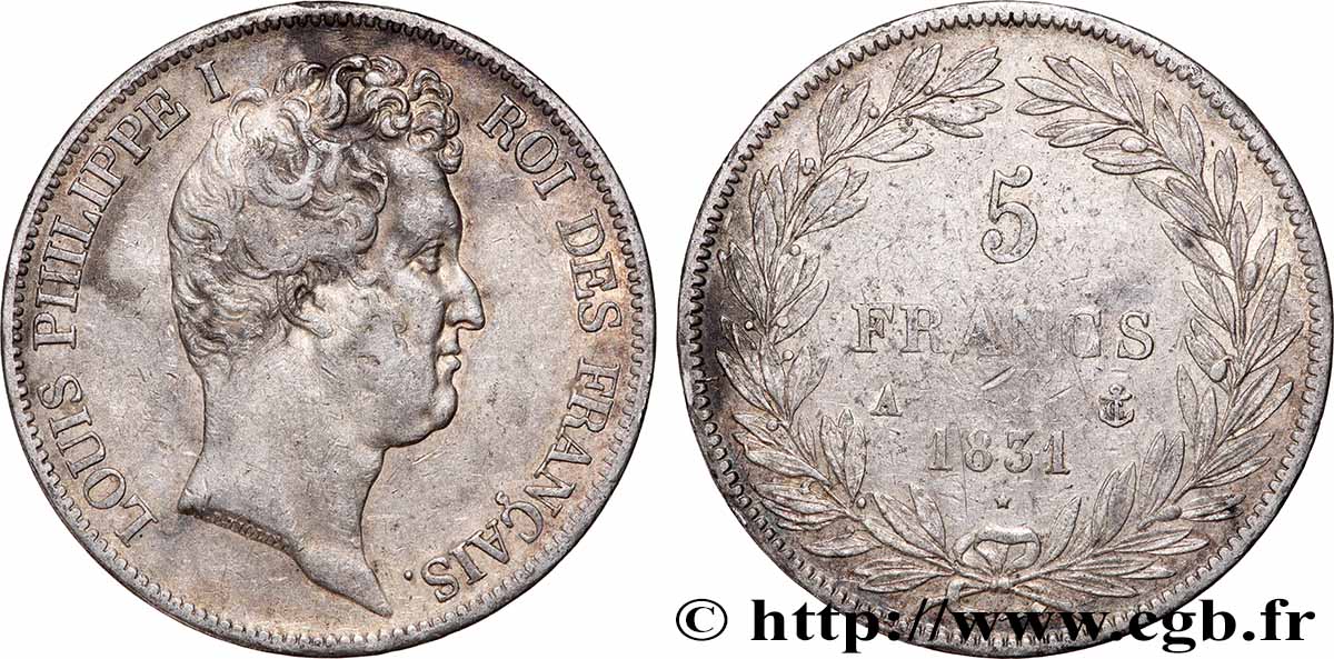 5 francs type Tiolier avec le I, tranche en creux 1831 Paris F.315/14 TB+