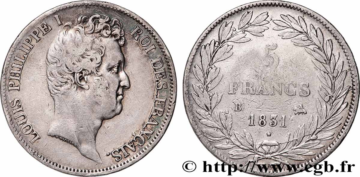 5 francs type Tiolier avec le I, tranche en creux 1831 Rouen F.315/15 TB
