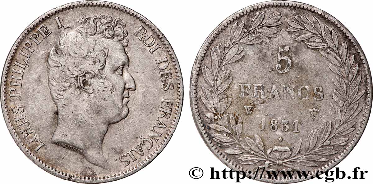 5 francs type Tiolier avec le I, tranche en creux 1831 Lille F.315/27 TB+