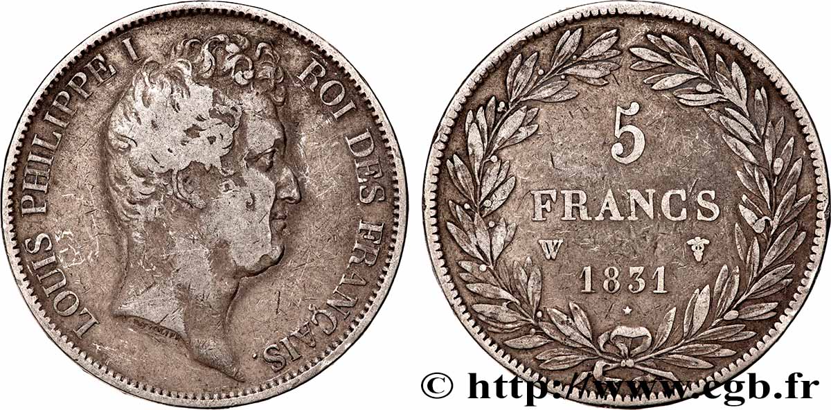 5 francs type Tiolier avec le I, tranche en relief 1831 Lille F.316/4 TB