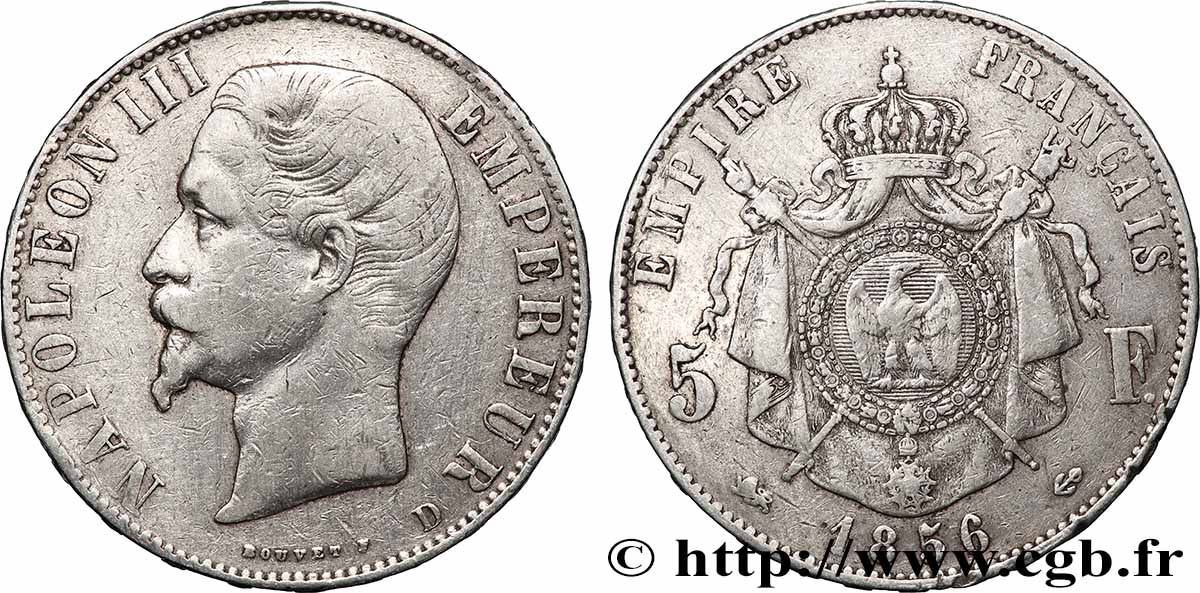 5 francs Napoléon III, tête nue 1856 Lyon F.330/9 TB+