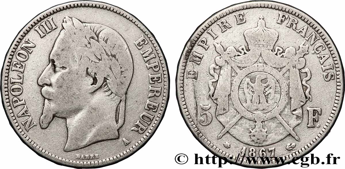 5 francs Napoléon III, tête laurée 1867 Paris F.331/10 TB