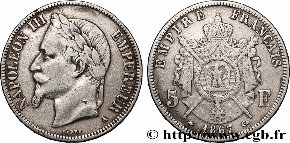 5 francs Napoléon III, tête laurée 1867 Paris F.331/10 TB+