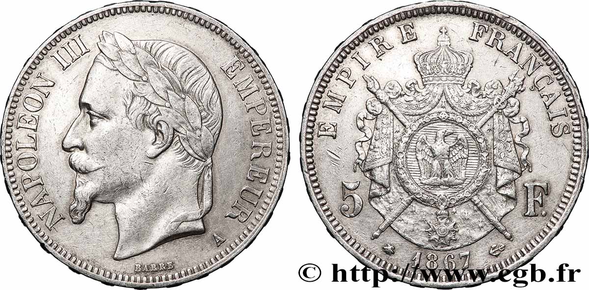 5 francs Napoléon III, tête laurée 1867 Paris F.331/10 XF