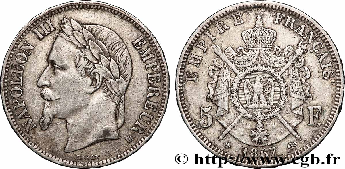 5 francs Napoléon III, tête laurée 1867 Strasbourg F.331/11 TTB