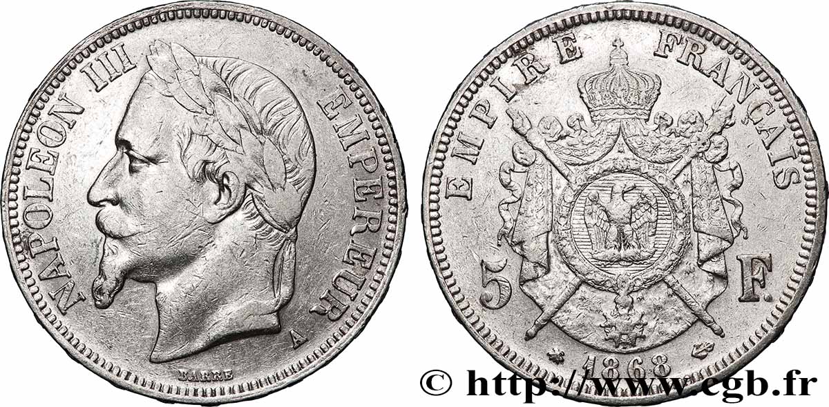 5 francs Napoléon III, tête laurée 1868 Paris F.331/12 TB+
