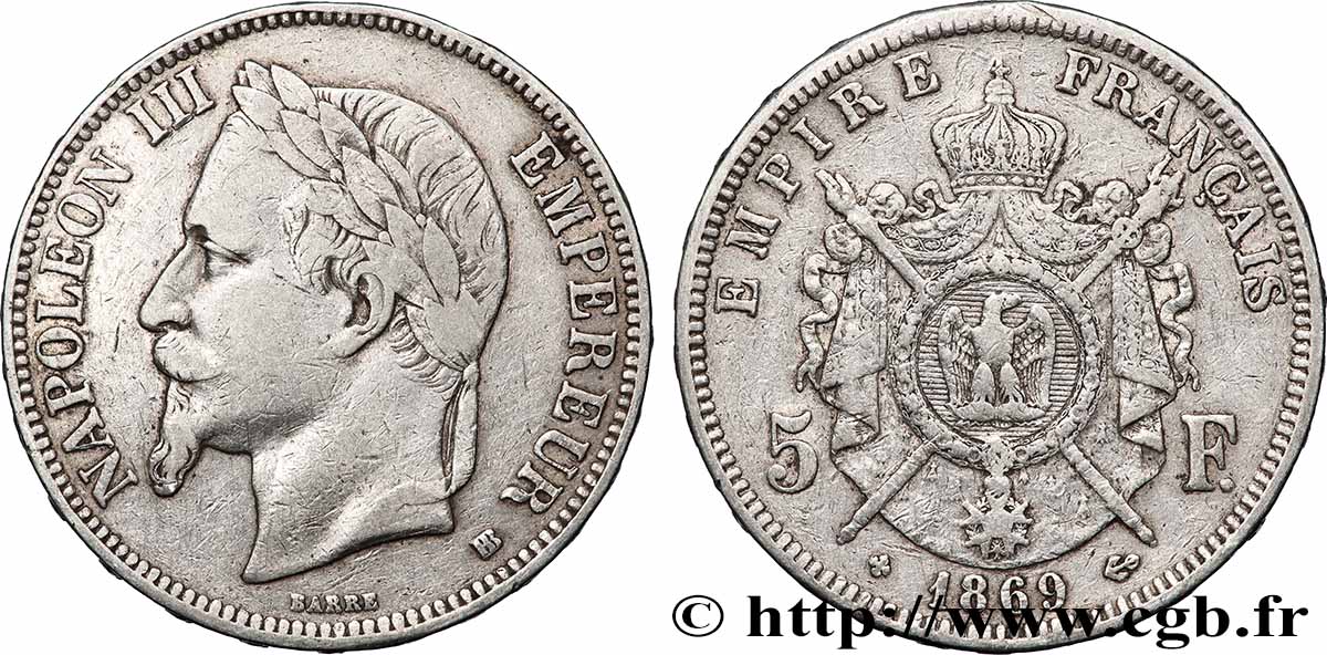 5 francs Napoléon III, tête laurée 1869 Strasbourg F.331/15 VF