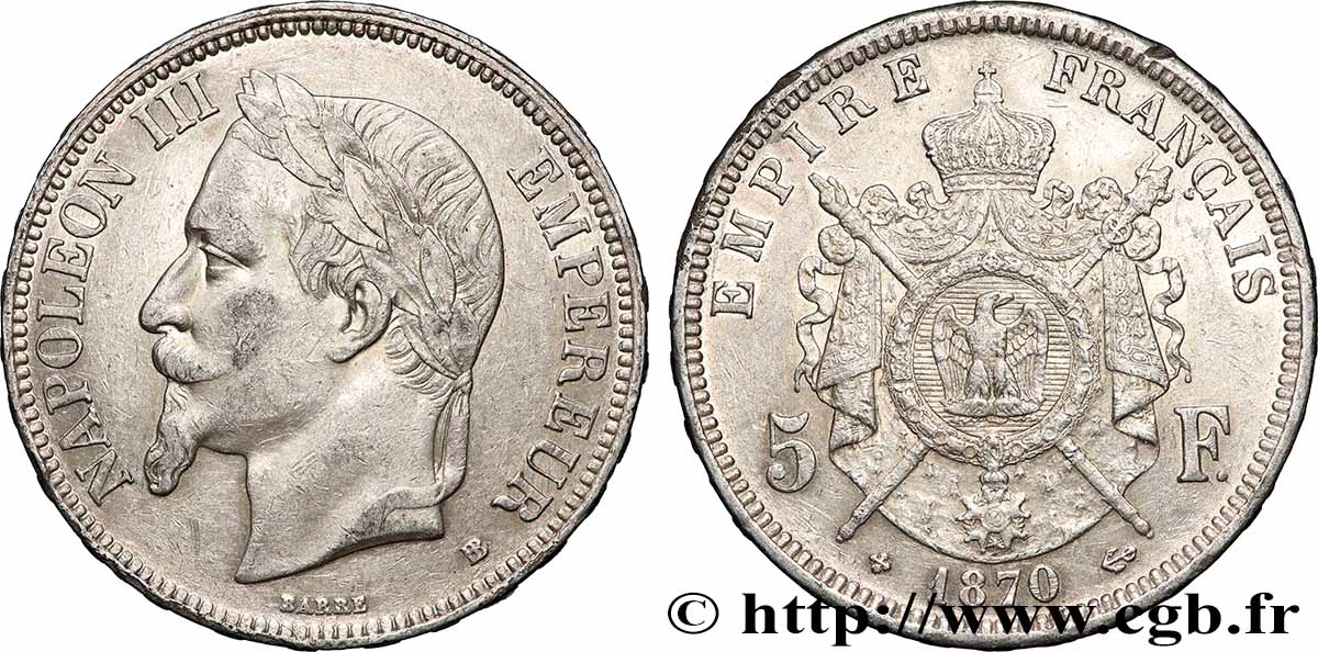 5 francs Napoléon III, tête laurée 1870 Strasbourg F.331/17 TB+