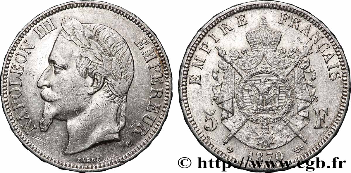 5 francs Napoléon III, tête laurée 1870 Strasbourg F.331/17 TB+