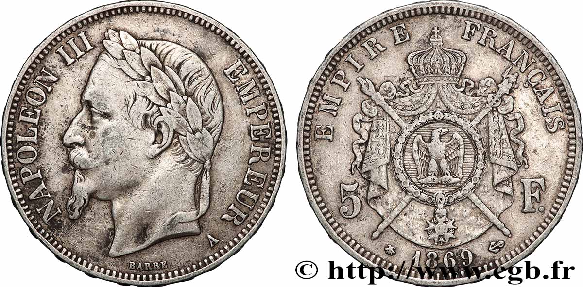 5 francs Napoléon III, tête laurée 1869 Paris F.331/14 q.BB