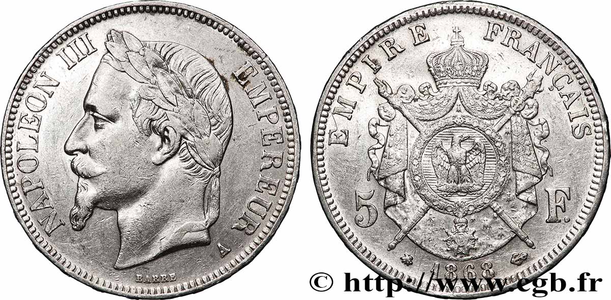 5 francs Napoléon III, tête laurée 1868 Paris F.331/12 TTB