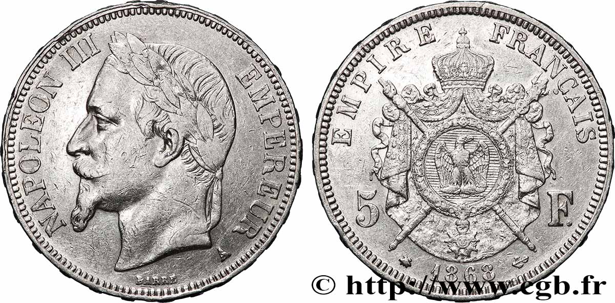 5 francs Napoléon III, tête laurée 1868 Paris F.331/12 TB+