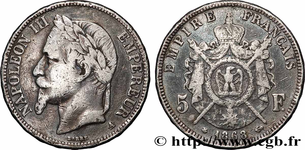 5 francs Napoléon III, tête laurée 1868 Paris F.331/12 TB+