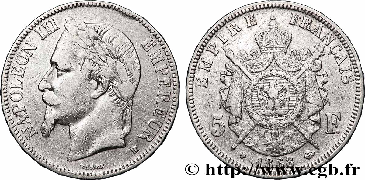 5 francs Napoléon III, tête laurée 1868 Strasbourg F.331/13 TB+