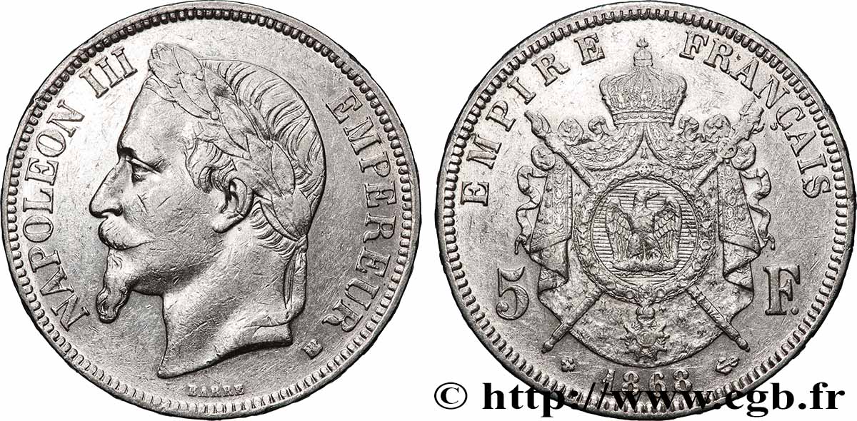 5 francs Napoléon III, tête laurée 1868 Strasbourg F.331/13 TTB