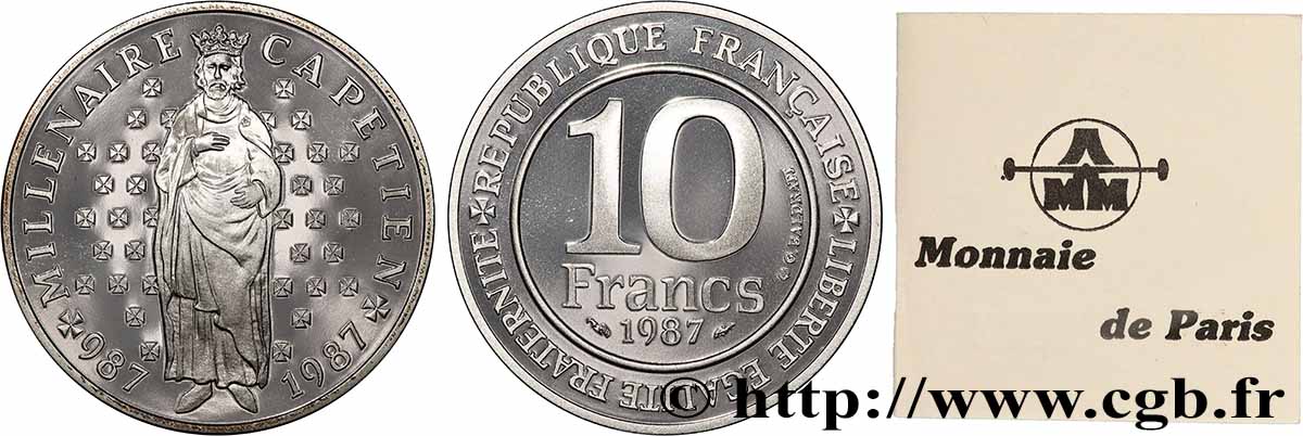 Belle Épreuve 10 francs Millénaire Capétien 1987 Paris F5.1301 3 MS