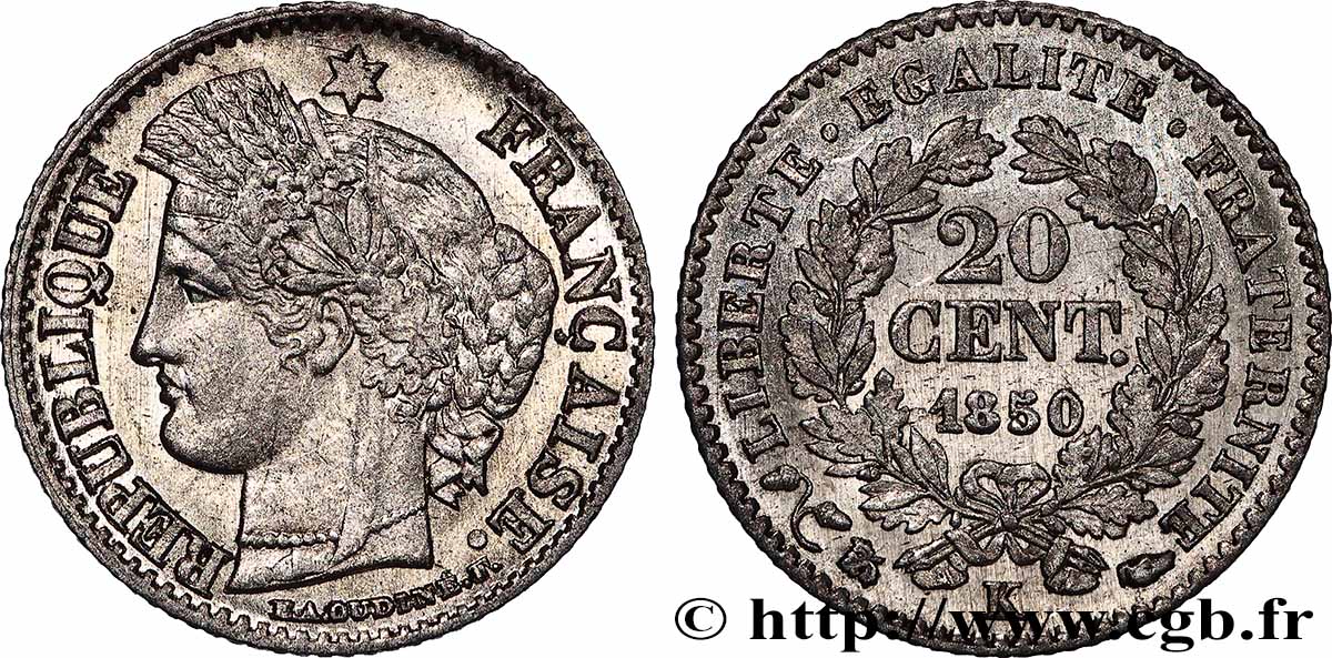 20 centimes Cérès, IIe République 1850 Bordeaux F.146/5 TTB+