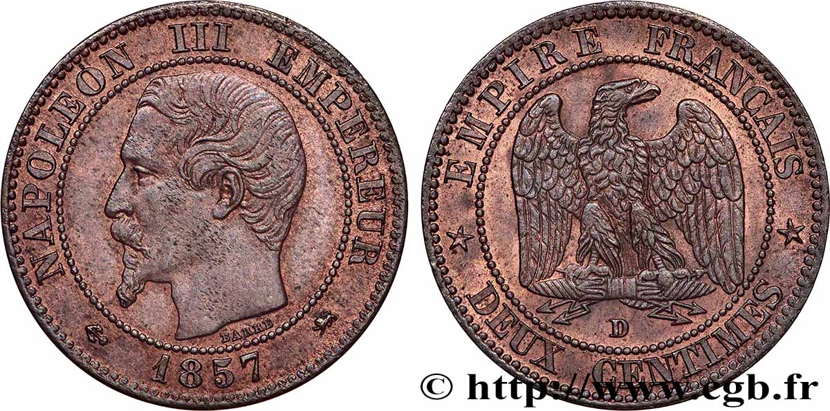 Deux centimes Napoléon III, tête nue, petit D et petit lion 1857 Lyon F.107/48 SPL60