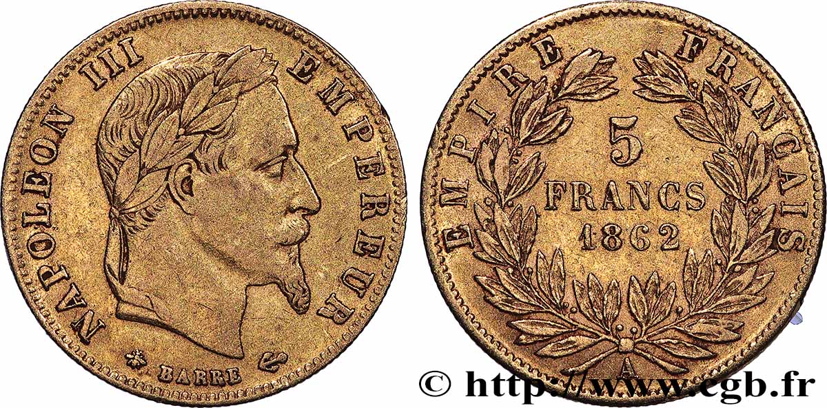 5 francs or Napoléon III, tête laurée 1862 Paris F.502/1 BC+