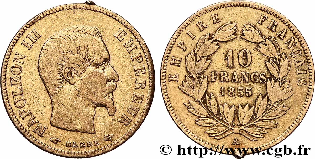 10 francs or Napoléon III, tête nue, grand module 1855 Paris F.506/1 TB