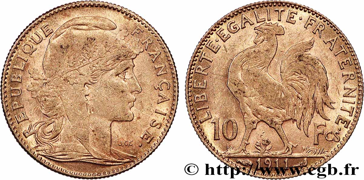 10 francs or Coq 1911 Paris F.509/12 MBC