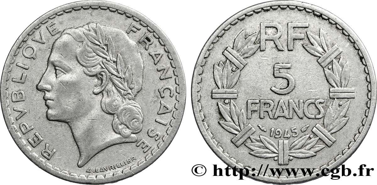5 francs Lavrillier, aluminium 1945 Beaumont-Le-Roger F.339/4 XF40 