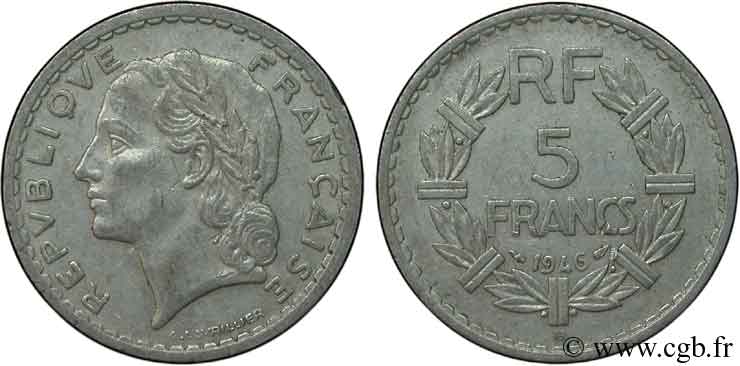 5 francs Lavrillier, aluminium 1946 Beaumont-Le-Roger F.339/7 TB30 