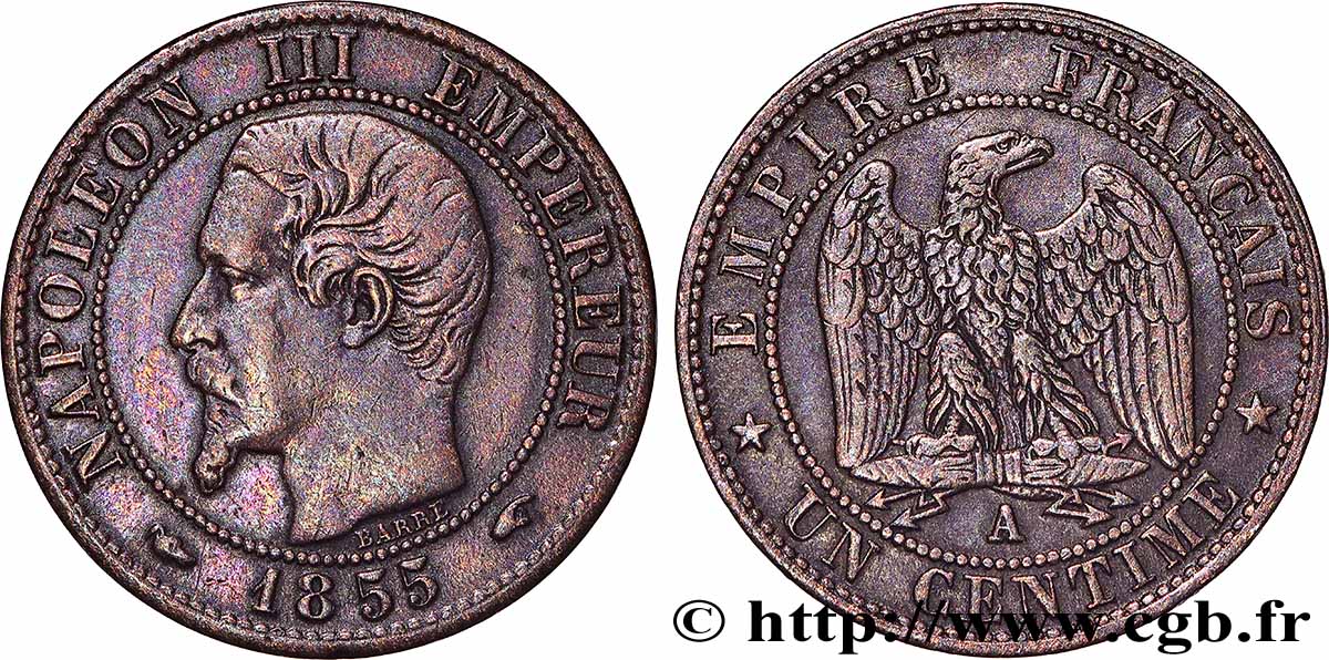Un centime Napoléon III, tête nue, différent levrette 1855 Paris F.102/15 TB+