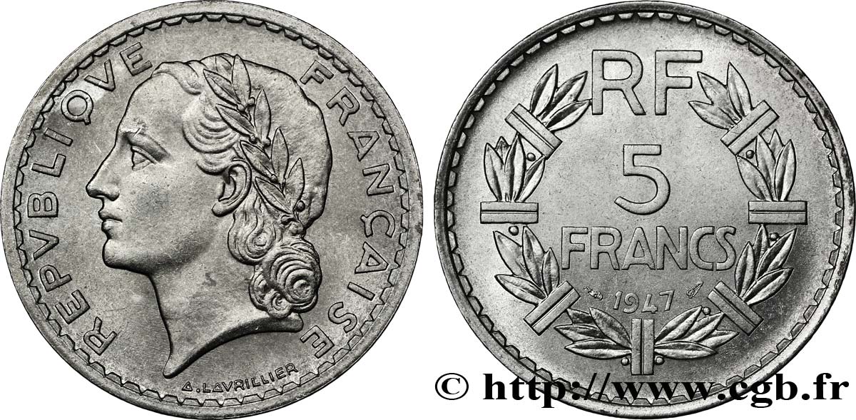 5 francs Lavrillier, aluminium 1947  F.339/9 MS62 