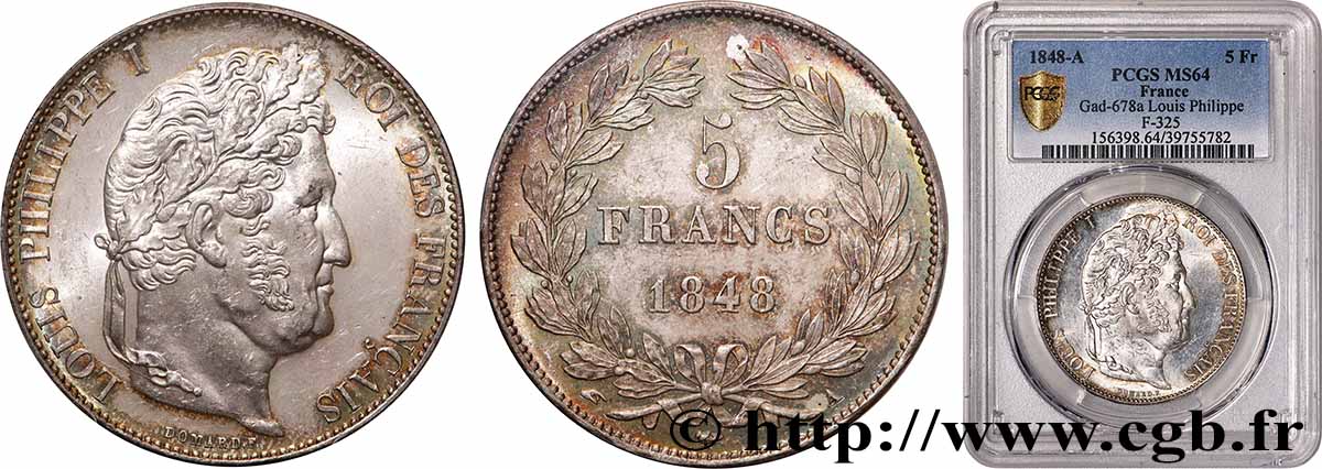 5 francs IIIe type Domard 1848 Paris F.325/17 SPL64 PCGS