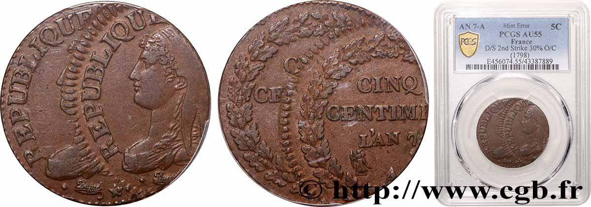 Cinq centimes Dupré, grand module, Fautée double frappe 1799 Paris F.115/44 var. AU55 PCGS