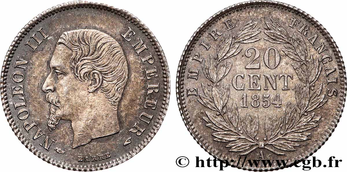 20 centimes Napoléon III, tête nue 1854 Paris F.148/2 SUP