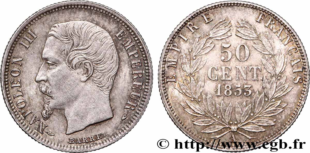 50 centimes Napoléon III, tête nue 1853 Paris F.187/1 fVZ