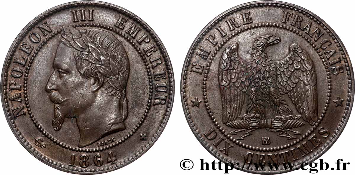 Dix centimes Napoléon III, tête laurée 1864 Strasbourg F.134/14 fVZ