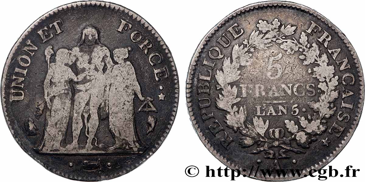 5 francs Union et Force, Union serré, avec glands intérieurs et gland extérieur 1797 Paris F.288/9 SGE