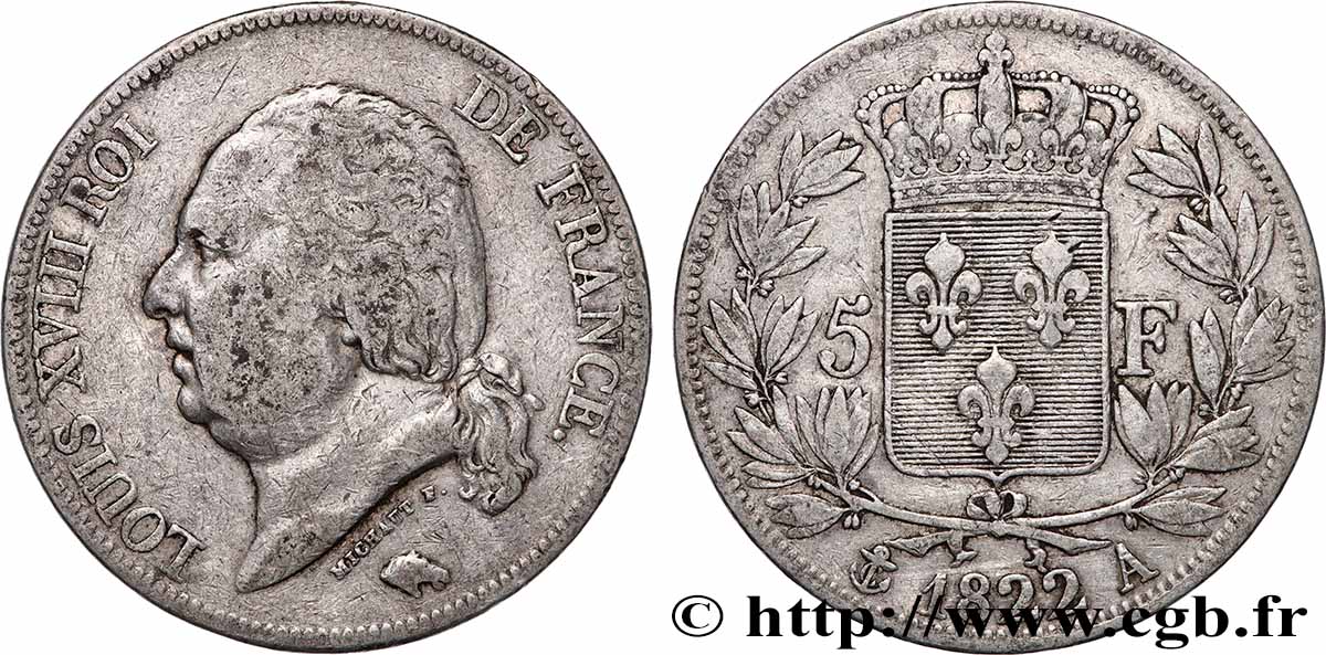 5 francs Louis XVIII, tête nue 1822 Paris F.309/68 S